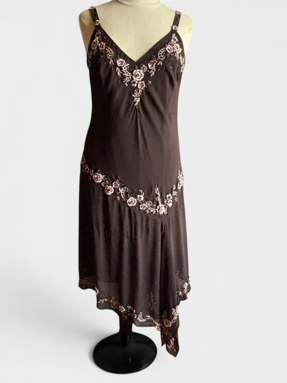 Brown Floral Embroidered 1920s-Inspired Handkerchief Hem Dress